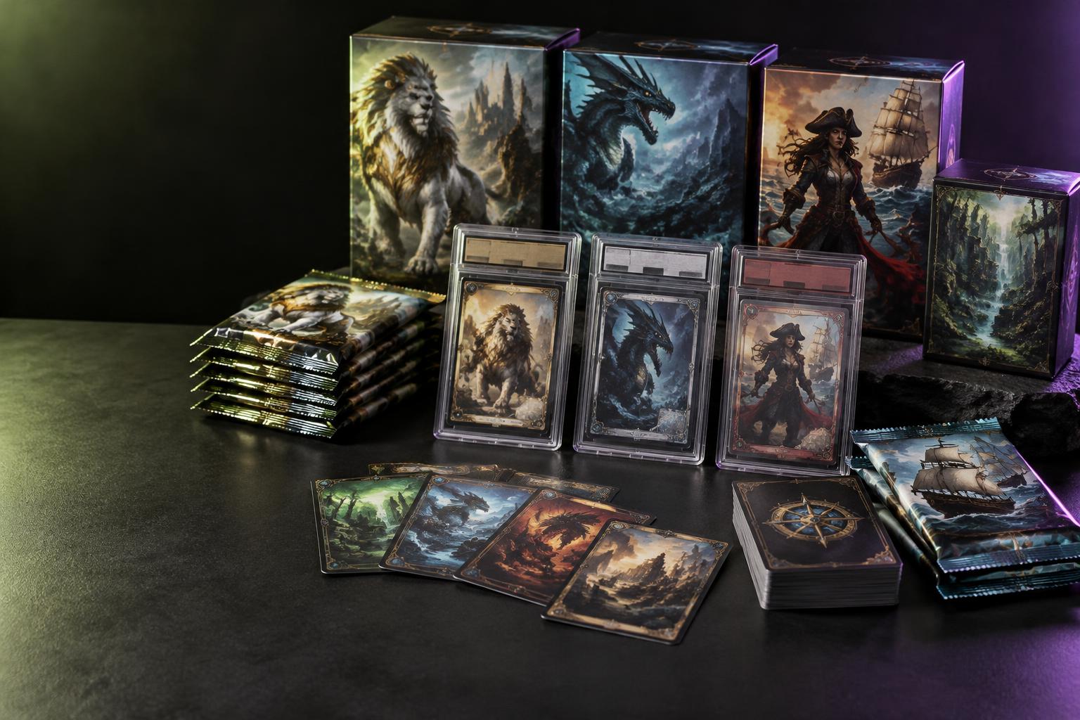 Illustrative collection of sealed trading card packs, boxes, and graded slabs